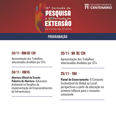 Confira a programação da Jornada de Pesquisa e Jornada de Extensão do curso de Direito Confira a programação da Jornada de Pesquisa e Jornada de Extensão do curso de Direito