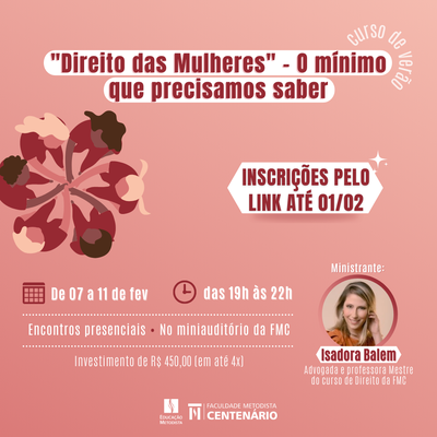 Faculdade Metodista Centenário oferece curso sobre direito das mulheres – Inscreva-se até 1º de fevereiro Faculdade Metodista Centenário oferece curso sobre direito das mulheres – Inscreva-se até 1º de fevereiro