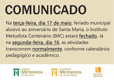 Comunicado: feriado do aniversário de Santa Maria