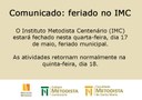 Comunicado: feriado no IMC