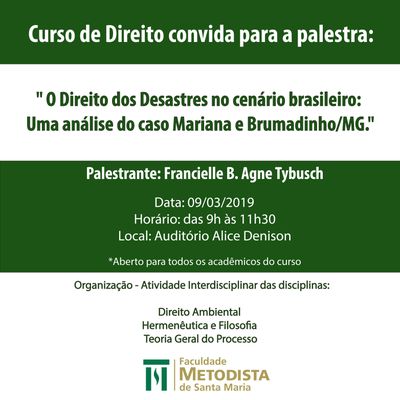 Curso de Direito convida acadêmicos para palestra "O Direito dos Desastres no cenário brasileiro: Uma análise do caso Mariana e Brumadinho/MG." Curso de Direito convida acadêmicos para palestra "O Direito dos Desastres no cenário brasileiro: Uma análise do caso Mariana e Brumadinho/MG."