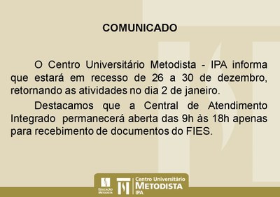 Comunicado - Atendimento de 26 a 30 de dezembro Comunicado - Atendimento de 26 a 30 de dezembro