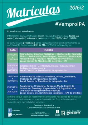 Atenção para o período de matrículas presenciais e online Atenção para o período de matrículas presenciais e online