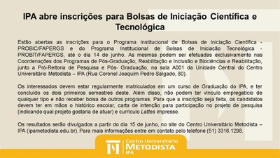 IPA abre inscrições para Bolsas de Iniciação Científica e Tecnológica IPA abre inscrições para Bolsas de Iniciação Científica e Tecnológica